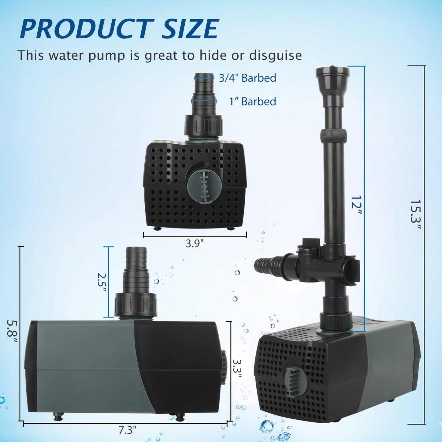 WaterRebirth (HSUP3000F) Submersible Water Pump With Fountain Jets - Pond Pump - Submersible Pump - Water Fountain Pump - Aquarium Pump