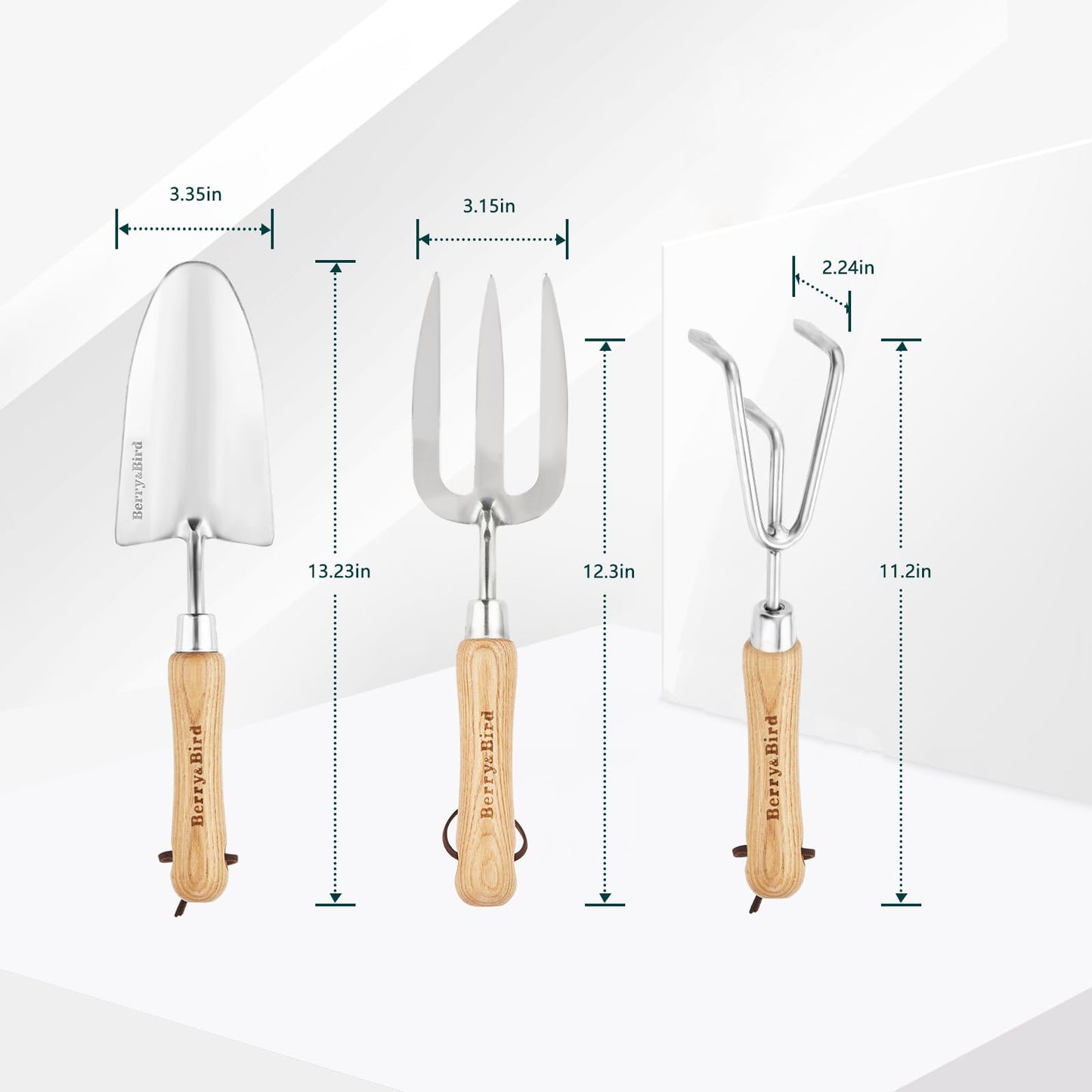 Berry&Bird Garden Tool Set 3 Pieces Stainless Steel Heavy Duty Gardening Kit Includes Hand Trowel, Hand Cultivator and Hand Fork with Wood Handle for Weeding Transplanting Digging, Ideal Garden Gifts