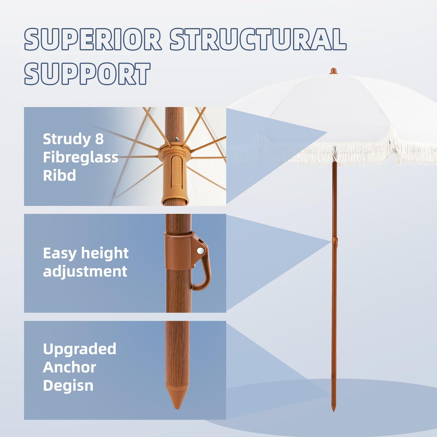 Aoxun 7ft Patio Umbrella with Fringe,Outdoor Beach Umbrella with Aluminum Pole, Ribs Push Button Tilt and Carry Bag, UV 50+ Picnic Tassel Umbrella (White)
