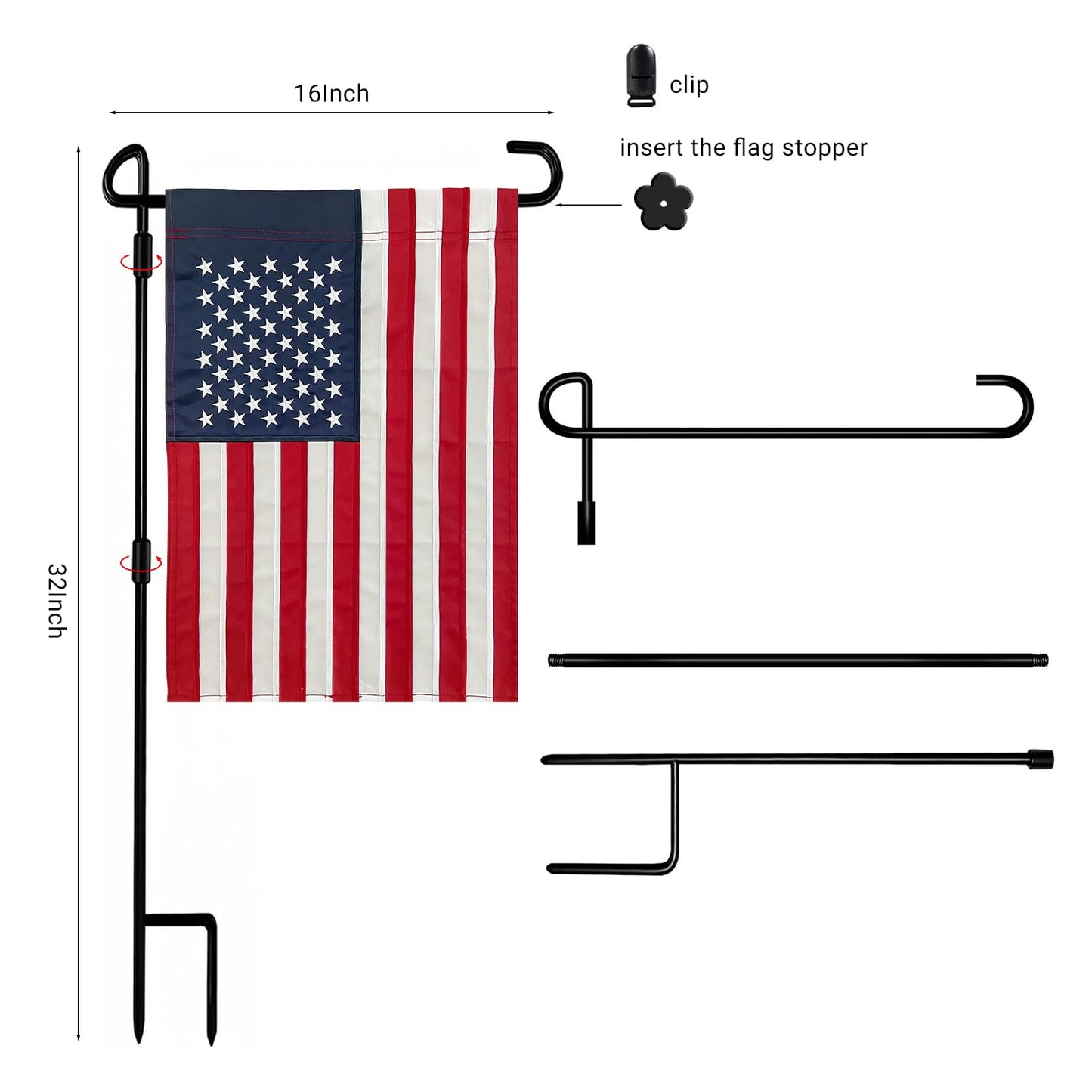 Bradford Embroidered American Garden Flag with Stand Holder, 12x18 inch American USA Garden Flag for Outside Yard Heavy Duty