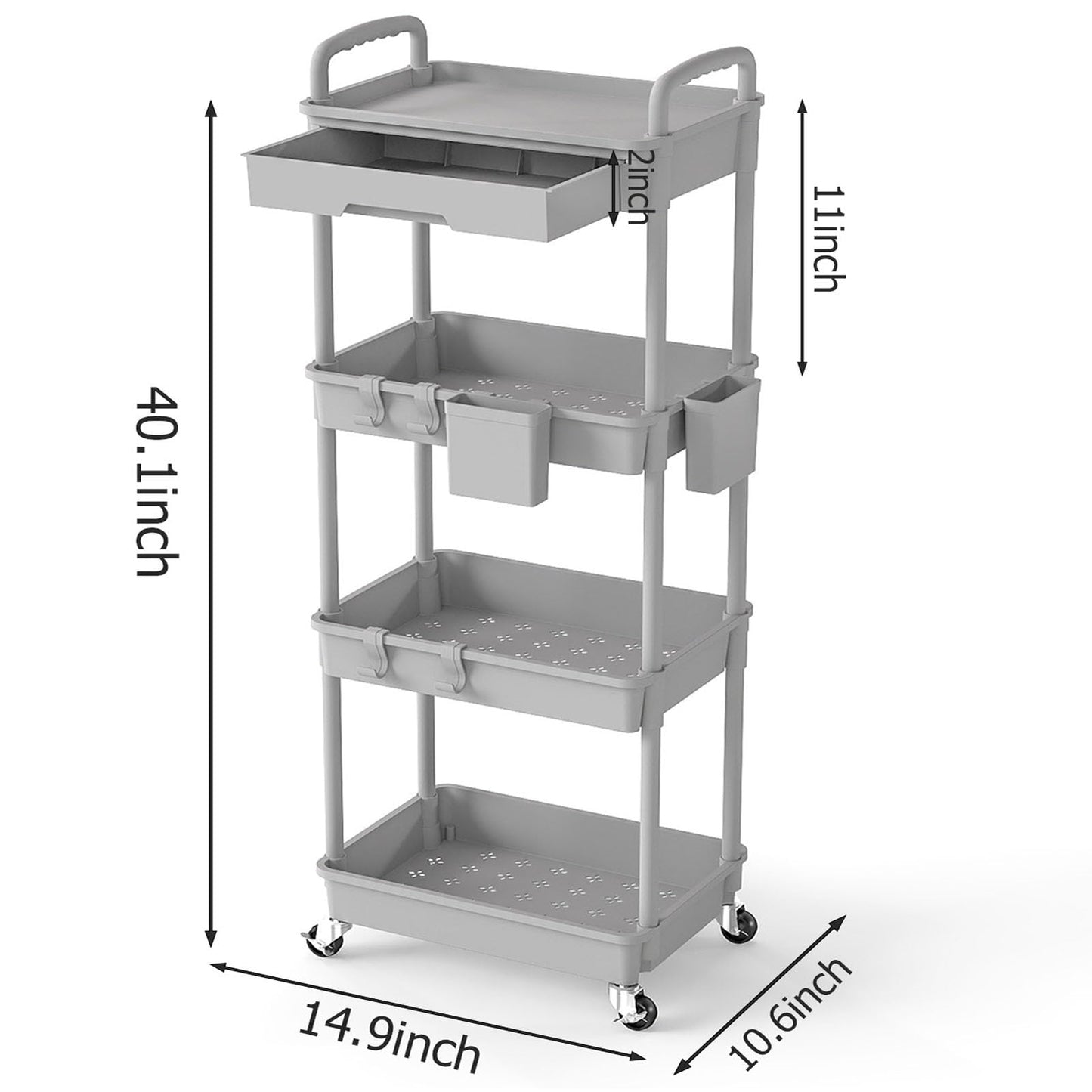 LLMRR 4 Tier Rolling Utility Cart with Drawer, Plastic Storage Organizer Rolling Carts with Wheels Handles Hanging Cups Hooks for Office, Bathroom, Kitchen,Craft Art Room (Grey)