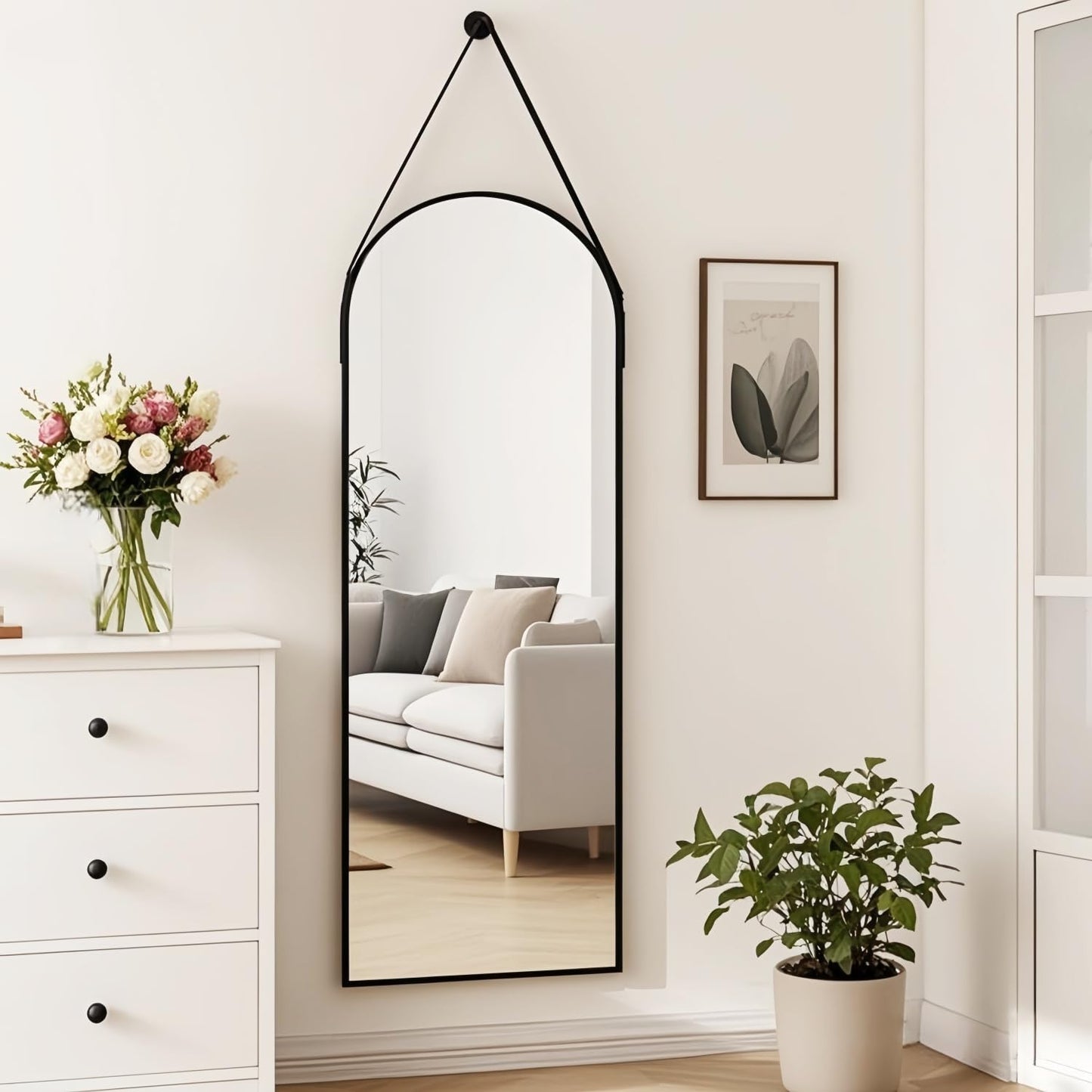 Dewfig 16"x48" Hanging Mirror with Leather Strap,Arched Full Length Mirror with Aluminum Frame Wall-Mounted Hanging Mirrors for Bathroom Vanity Living Room Bedroom Entryway Décor, Black