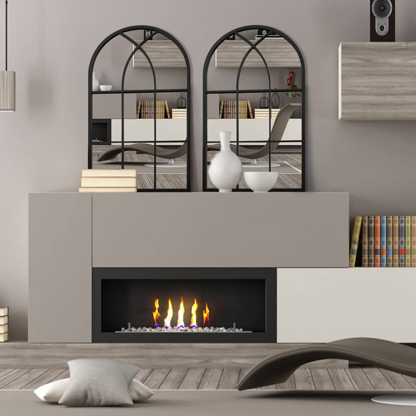 ironsmithn Arched Window Mirror, 31.5"x19.7" Grid Mirrors, Windowpane Mirrors, Black Metal Wall Mirror for Decor Living Room Fireplace Entryway Bedroom Hallway