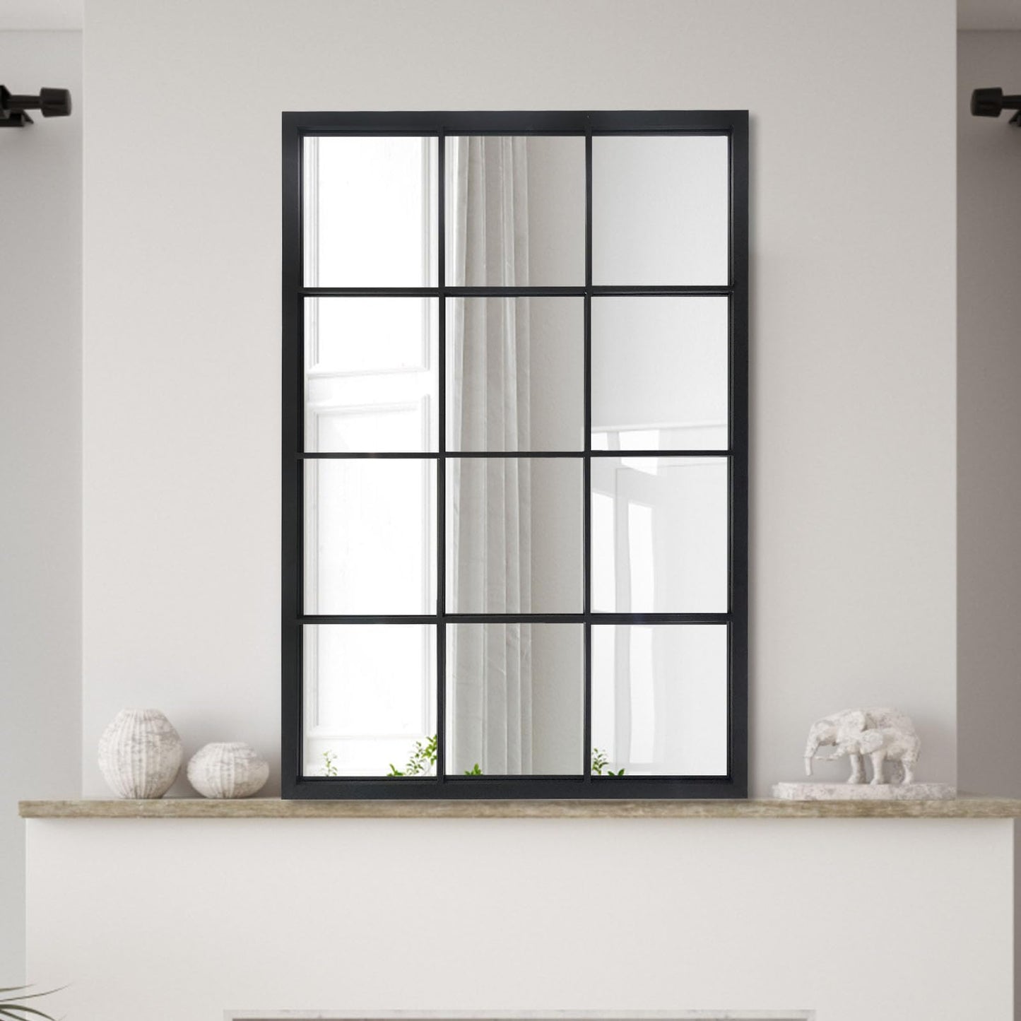 OUSHUAI Balck Rectangle Mirror,Window Pane Grid Mirror,Minimalism Wall Mounted Mirror for Entryway,Hallway,Living Room,Fireplace 24"X36"