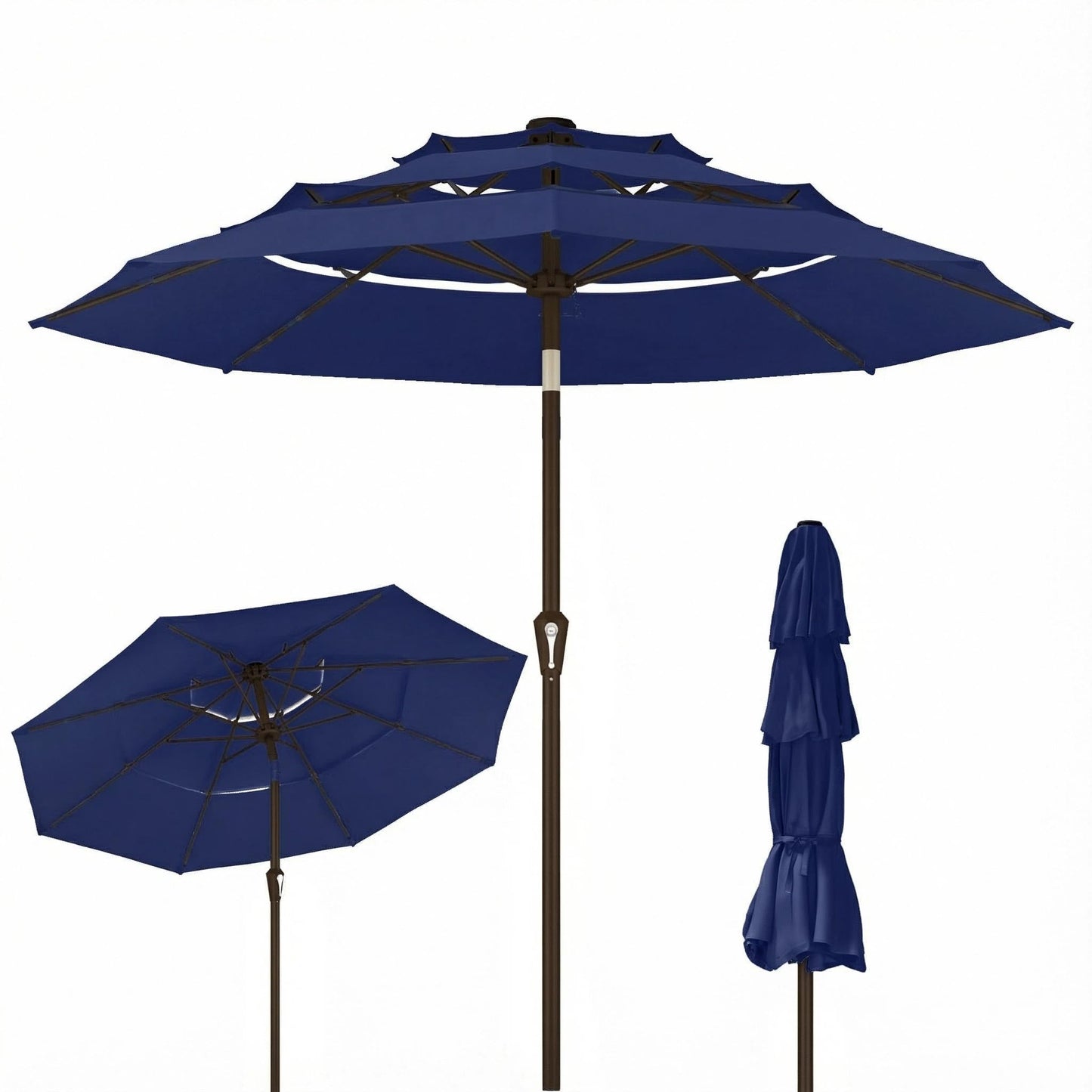 Kingdura 10ft 3-Tier Patio Umbrella, Outdoor Table Umbrella with Easy Crank & Tilt, 8 Reinforced Ribs, UV Protection for Deck, Pool, Market, Backyard (Navy blue)