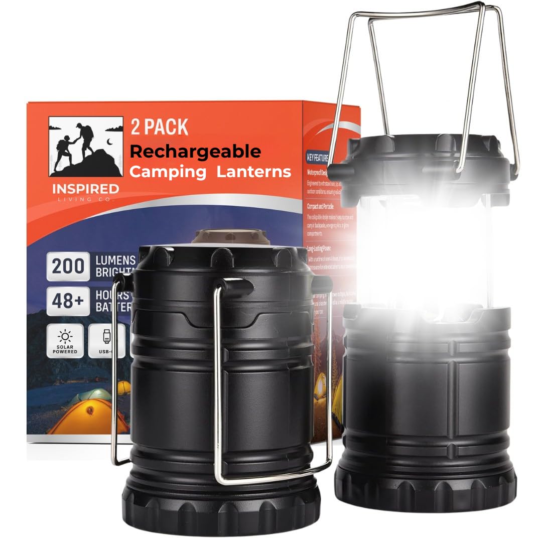 Rechargeable Camping Lantern, Pack of 2 - LED Camping Lantern Battery Powered, Waterproof Solar Lantern for Emergency, Hiking & Power Outages | USB-C Rechargeable, Collapsible, 360° Light