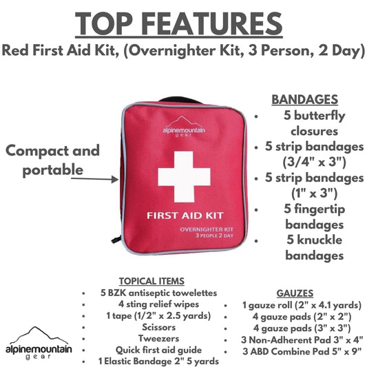 Red First Aid Kit, (Overnighter Kit, 3 Person, 2 Day) - Compact Emergency Medical Kits with Bandages, Gauze, and More by Caddis Sports (Overnighter (Red))