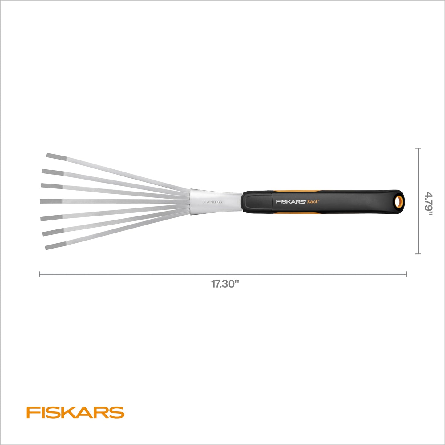 Fiskars Xact Hand Rake, Heavy Duty Gardening Hand Tool with Ergonomic Handle and Hanging Hole for Storage, Stainless Steel Head and Tines, Perfect for Maintaining a Raised Garden Bed