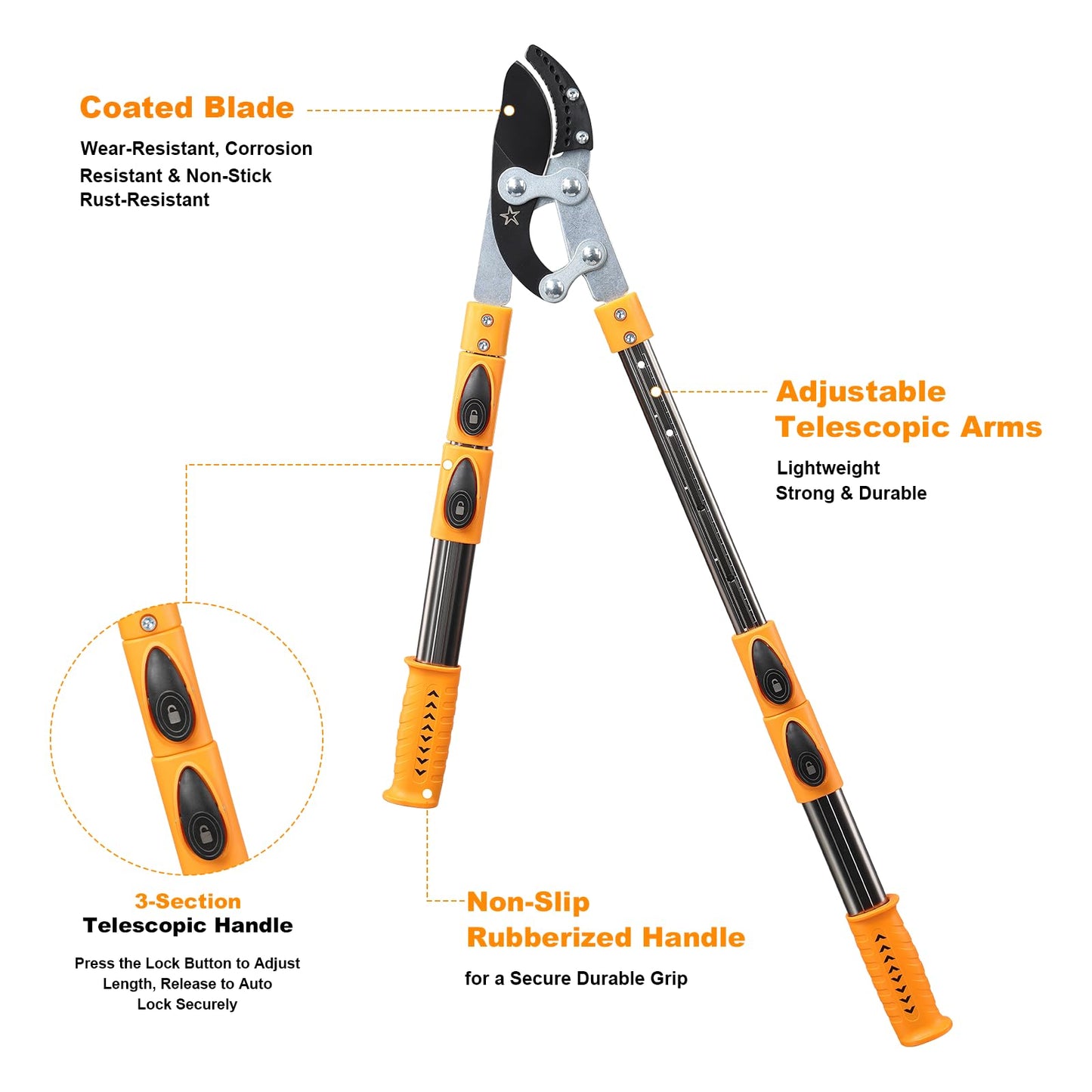 Loppers for tree trimming heavy duty extendable 24.8-43.7 inches,Tree pruning shears Rust Resistant Sharp Steel Blade Tree Limb Trimmer，Shock-Absorbing design, Non-slip Handle，Garden Tools