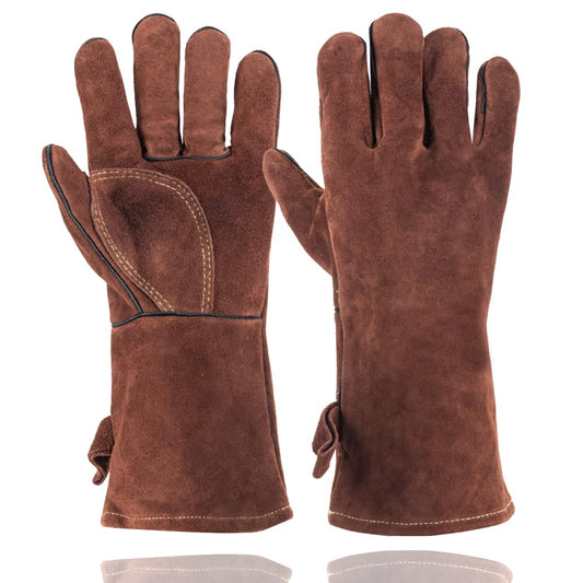 LAIKEANDUN Fireproof Gloves for Fireplace & Fire Pit, Welding Gloves for Men & Women - 14 Inch Heat Resistant Leather Work Gloves (662℉) for MIG/TIG, BBQ, Camping - Premium Cowhide, Durable