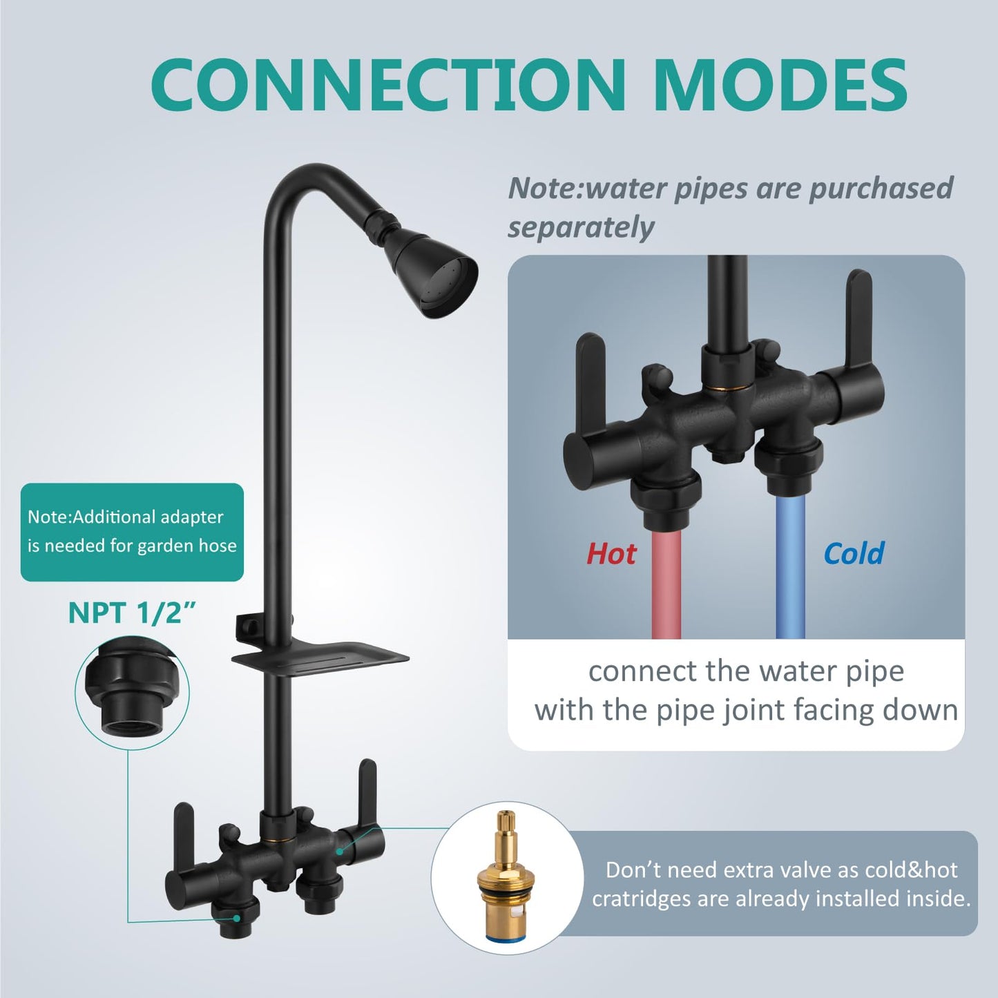 Aolemi Outdoor Shower Fixtures,Outdoor Shower Kit Faucet System 3 Inch Center with Showerhead 2 Handle Exposed Shower with Brass Mix Valve Pipe Downward with Soap Dish Matte Black