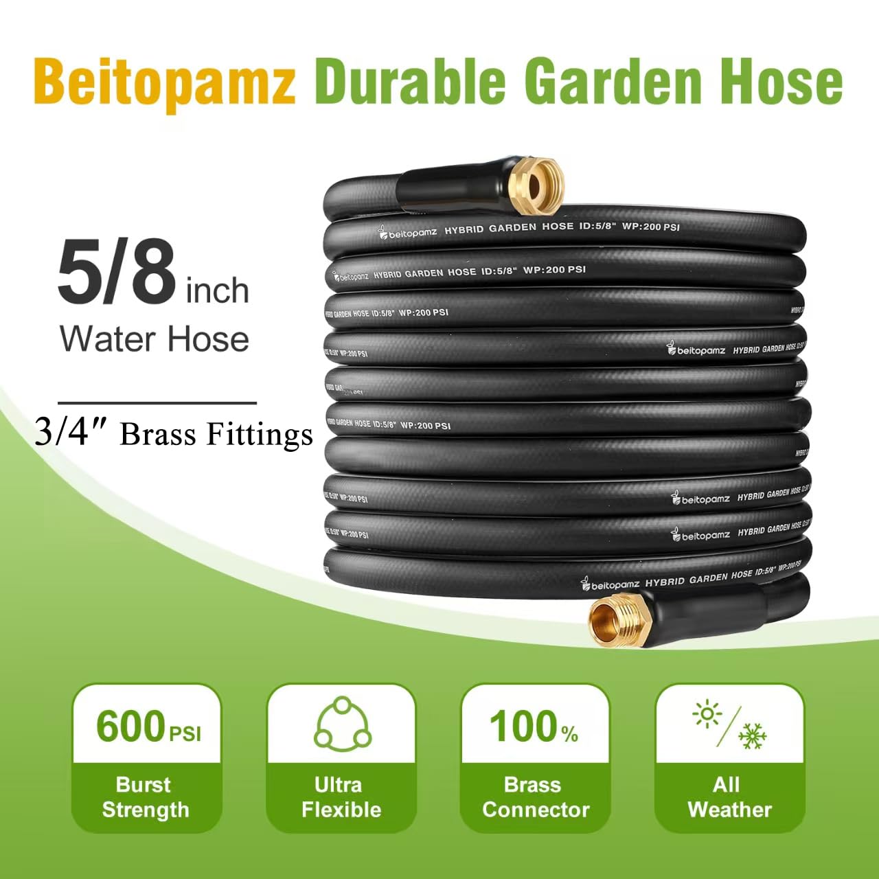 Beitopamz 200 ft Garden Hose, 5/8 in Heavy Duty Water Hose, Flexible and Durable, Lightweight Rubber Hybrid Hose, Leak-Free Connections, Male to Female 3/4'' Brass Fittings for Patio, Lawn, Black