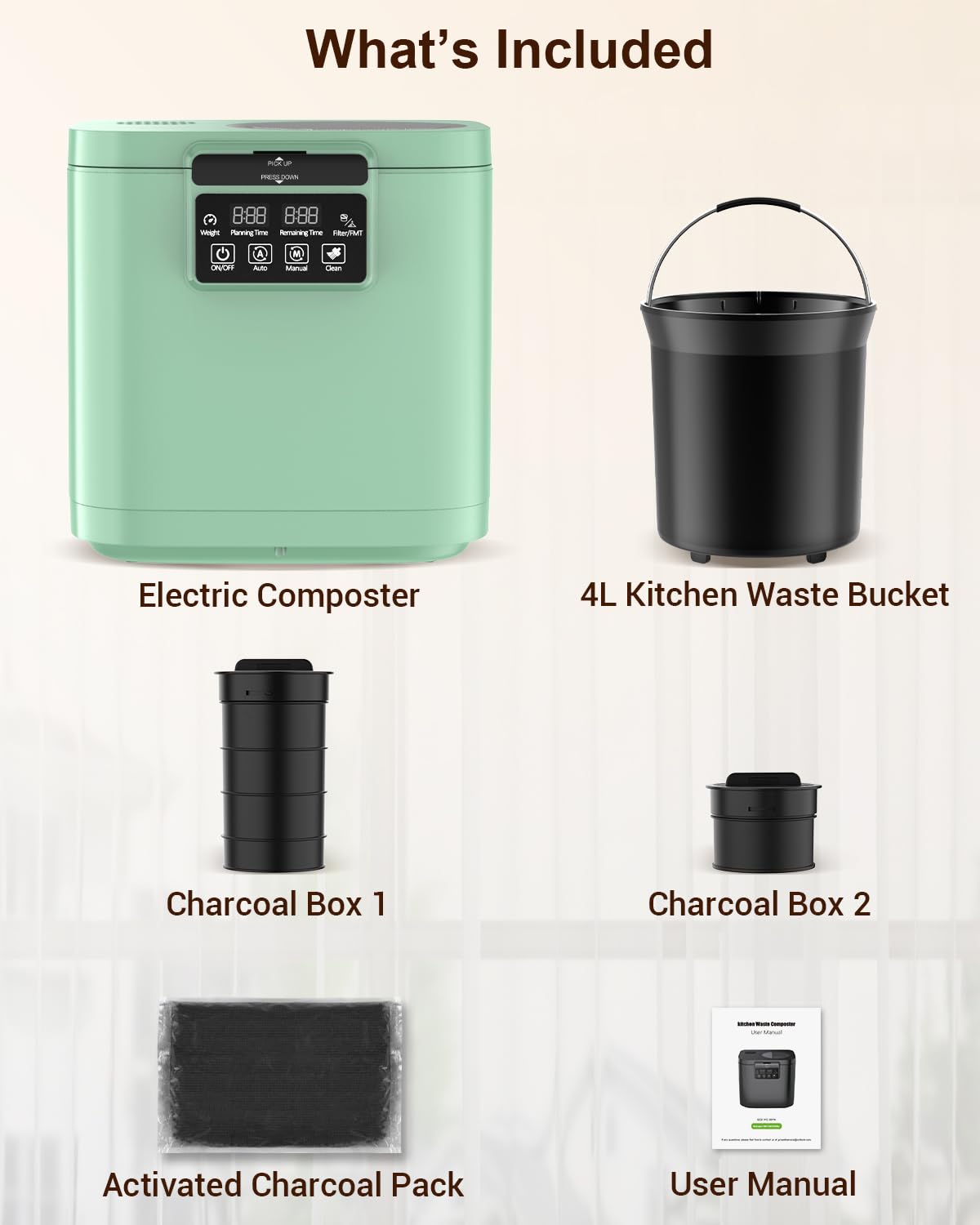 Growell 4L Electric Composter for Kitchen, Smart Countertop Compost Bin with Visible Window,Odorless & Low Noise, Auto-Cleaning,Turn Food Waste into Fertilizer, Food Waste Compost Indoor Machine, EC01