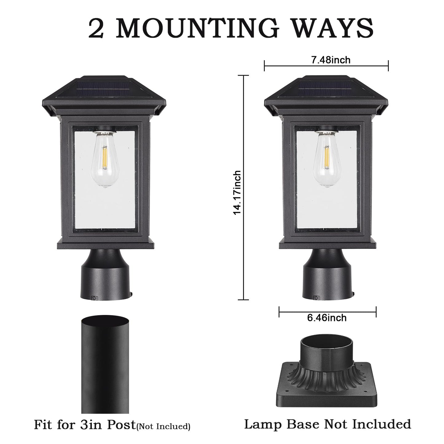 Rosient Solar Post Lights Outdoor, Waterproof Anti-Rust Black Pole Light Fixtures with Clear Glass, LED Solar Powered Lamp for Garden, Front Yard, Porch, Garage, and Patio (Bulb Included)