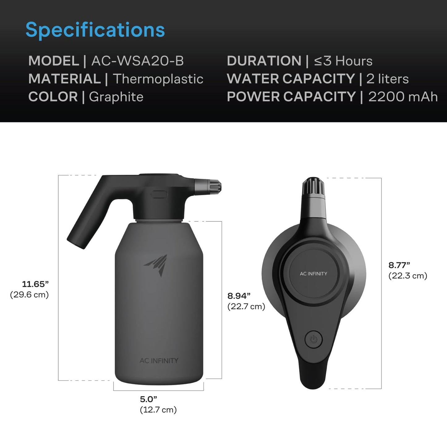 AC Infinity Automatic Sprayer, 2L Portable Electric Spray Bottle, USB Rechargeable with Adjustable Nozzle Spout for Plants Fertilizing Gardening and Cleaning (Graphite)