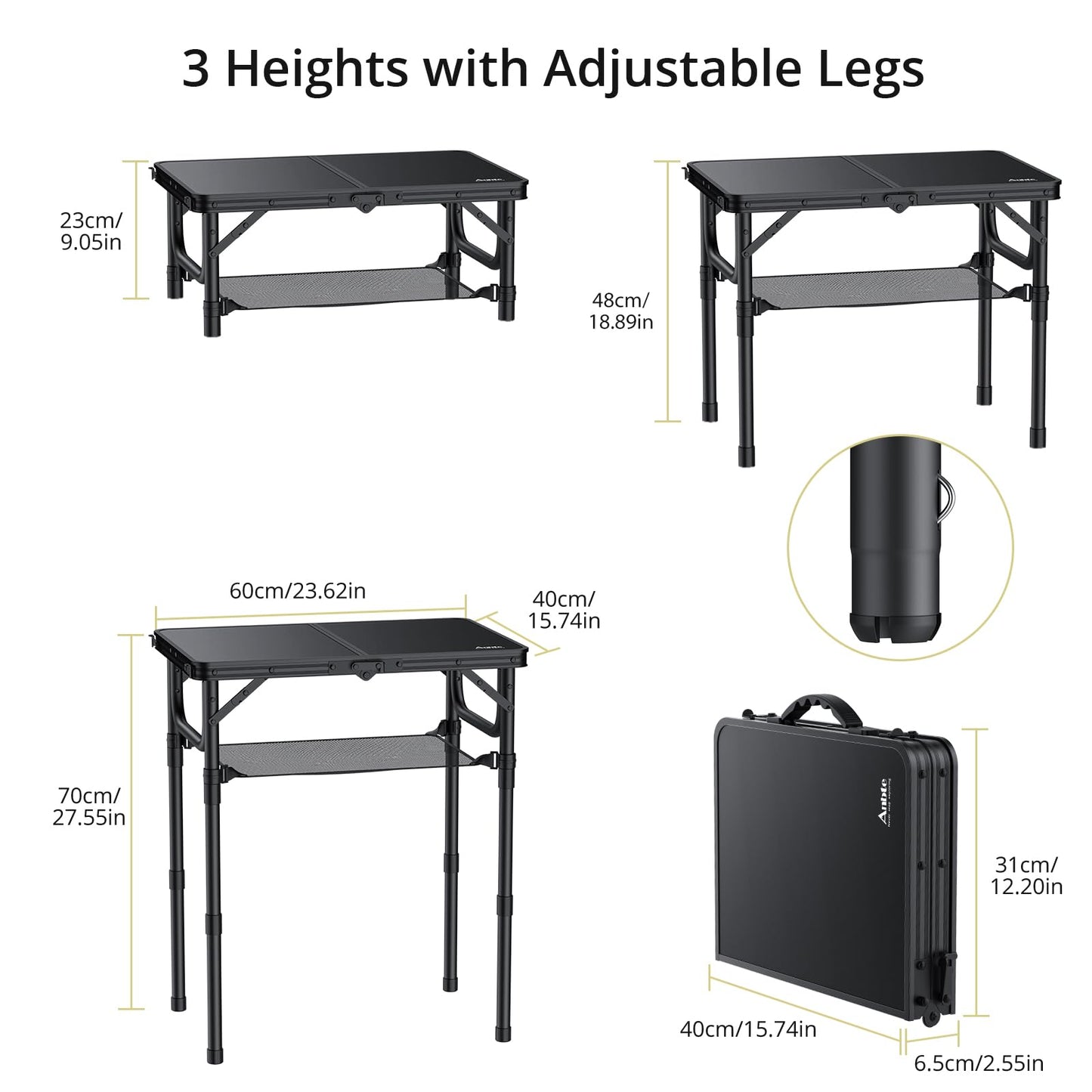 Anbte Folding Camping Table with Storage Net, Pure Black Aluminum 2ft Picnic Table 23.2" x 16" Outdoor Table Adjustable Height Max 27.5", Lightweight, Waterproof, Portable Handle for Travel Cooking