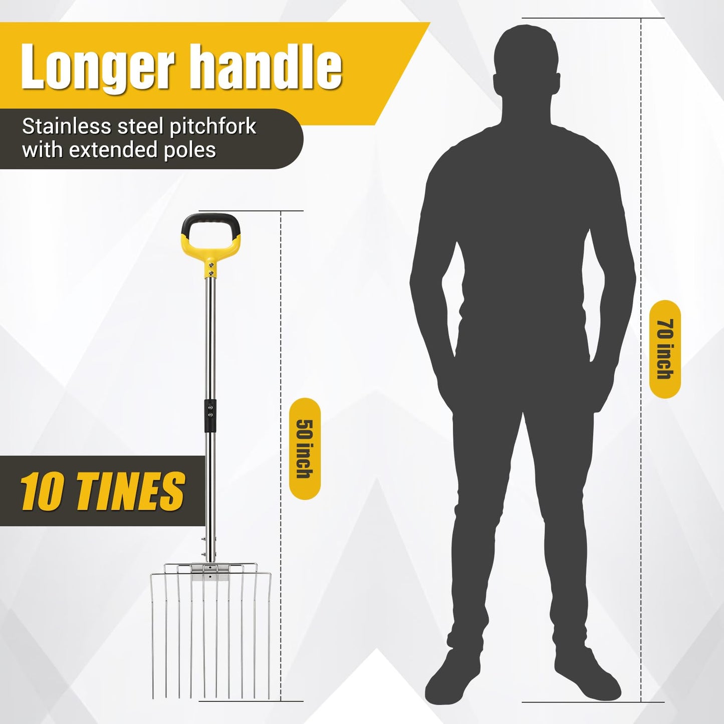 AugFir Pitchfork for Gardening, 50" Multifunctional Stainless Steel Garden Pitchfork with Handle, Suitable for Shoveling, Fertilizing, Transplanting, Mulching Garden Fork - 10 Tines