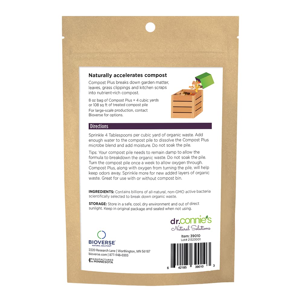 Dr. Connie’s Compost Plus – 100X Concentrated Starter & Accelerator | Natural Microbe Activator for Bins, Tumblers & Piles | Odor Control Garden Waste Additive (Indoor & Outdoor)
