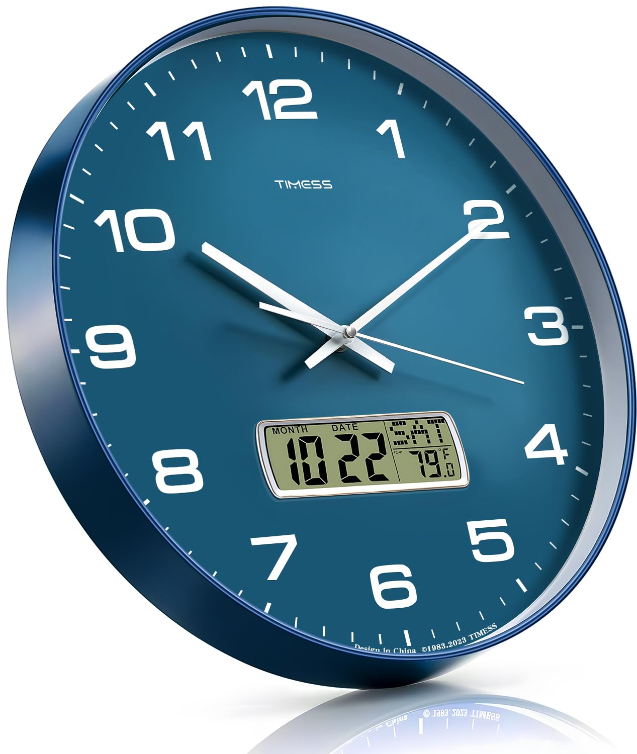 TIMESS Wall Clock, 12" Dial Non-Ticking Silent Battery Operated Analog with LCD Display for Perpetual Calendar and F° Temperature, Ideal Modern Home, Bedroom, Kitchen, Office Decor (Blue)