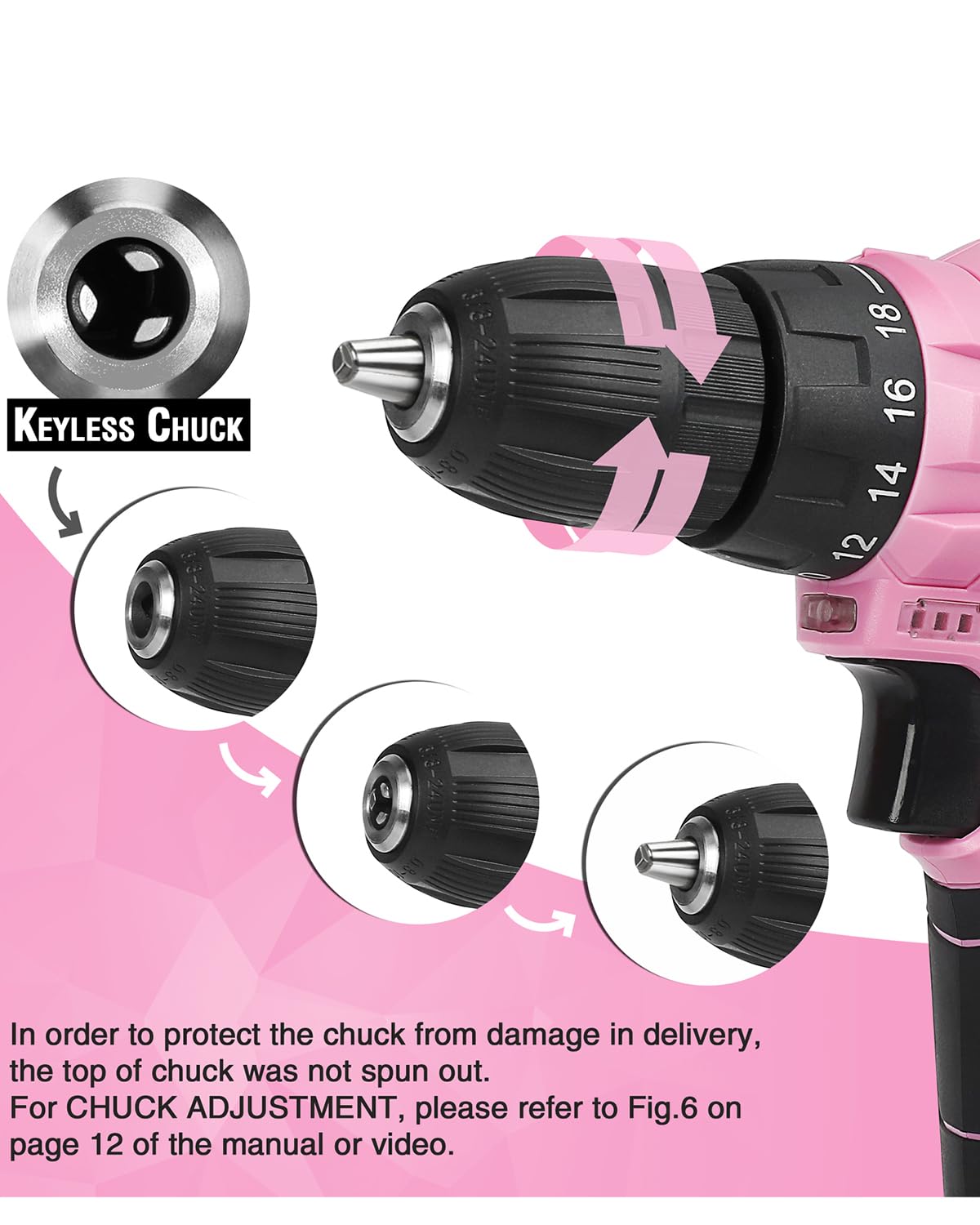 WORKPRO Pink Cordless Drill Driver Set, 12V Electric Screwdriver Driver Tool Kit, 3/8" Keyless Chuck, Charger and Storage Bag Included - Pink Ribbon