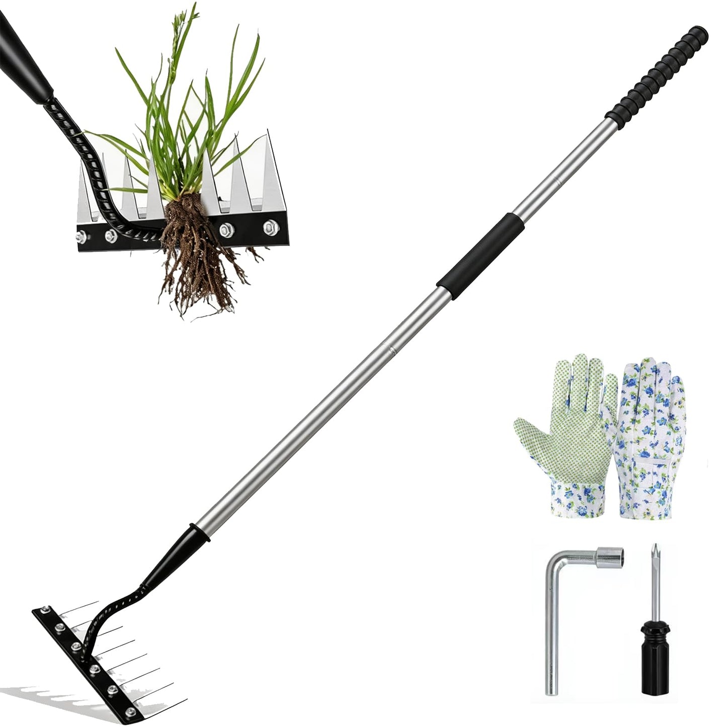 Upgraded Iron Weeding Tool with Adjustable Length Long Handle (28"-60") 3.0,Garden Weed Puller Tool ,8 Tines Manual Weeder Rake,Heavy Duty Weed Puller for Removing Weeds,Lawn, Flower Beds and Aeration