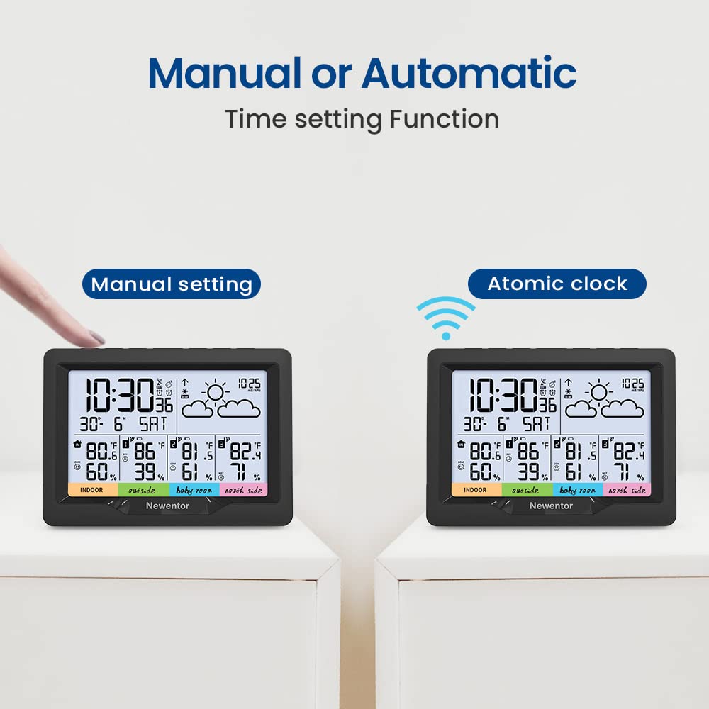 Newentor Weather Station Wireless Indoor Outdoor Multiple Sensors, Digital Atomic Clock Weather Thermometer, Temperature and Humidity Monitor, Forecast Weather Station with Backlight, Black