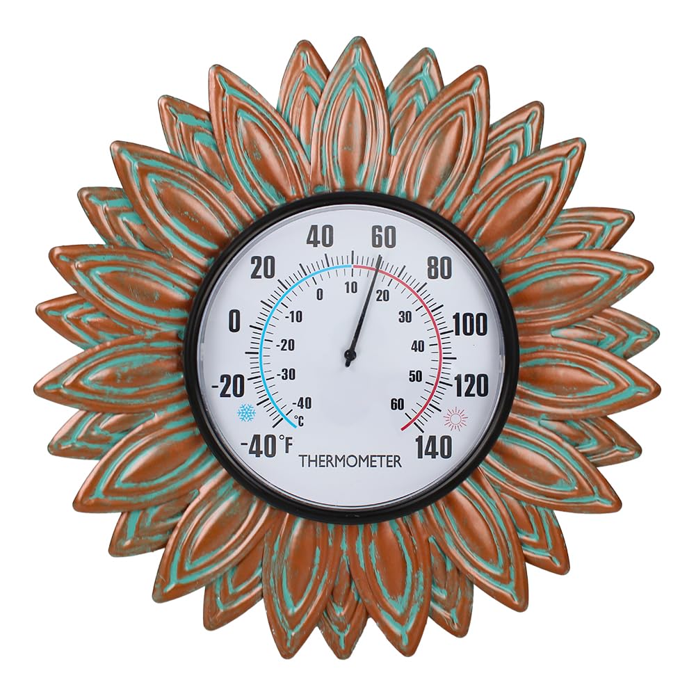 VEWOGIFT Sunflower Outdoor Thermometers, No Need Battery Indoor Themometer, 12" Metal Wall Thermometer with Large Number Easy to Read for Patio Room Decor