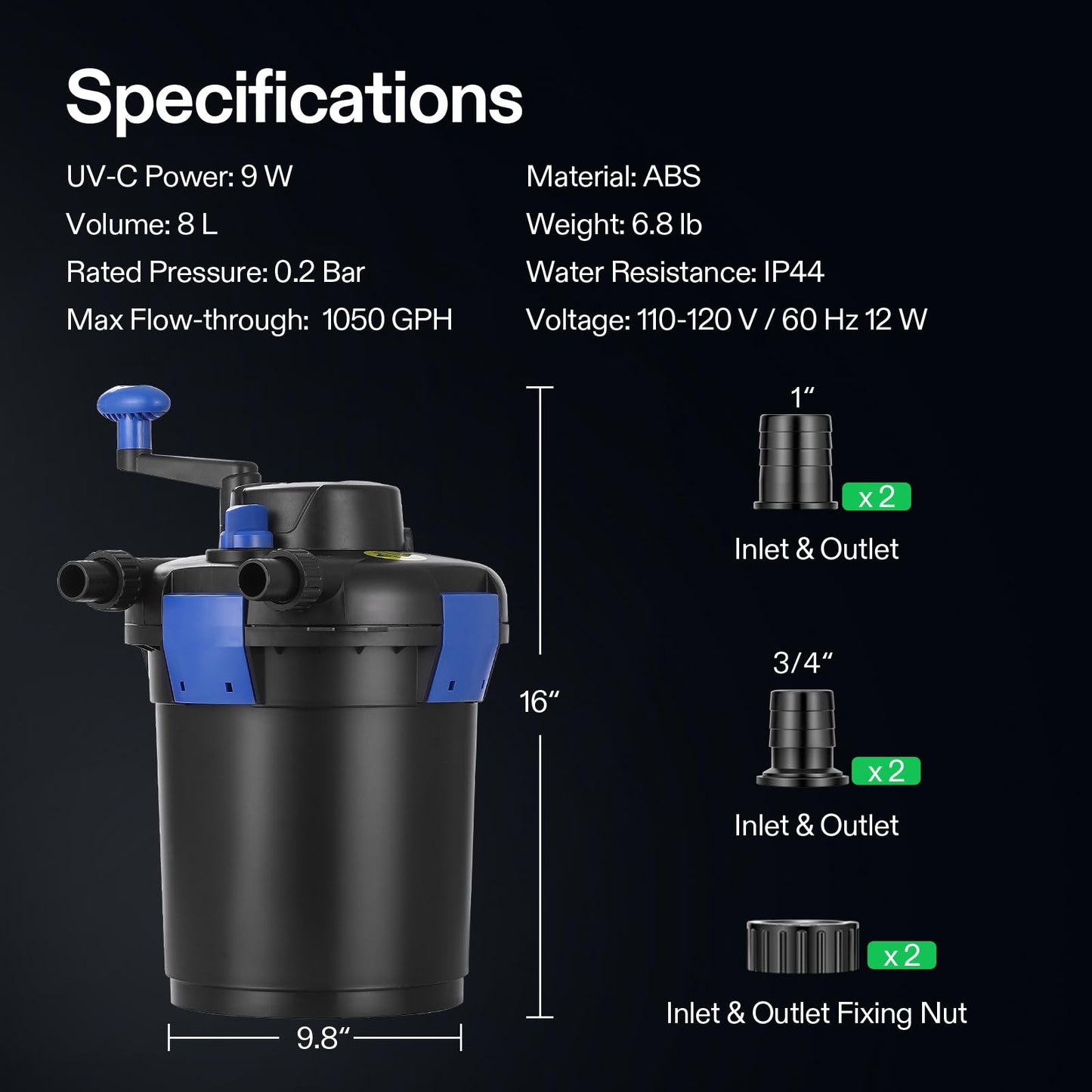 VIVOGROW Bio Pressure Pond Filter, with 13W UV-C Light, 1050 GPH Suitable for Koi Ponds up to 500 Gallons or Landscape Pools up to 1050 Gallons