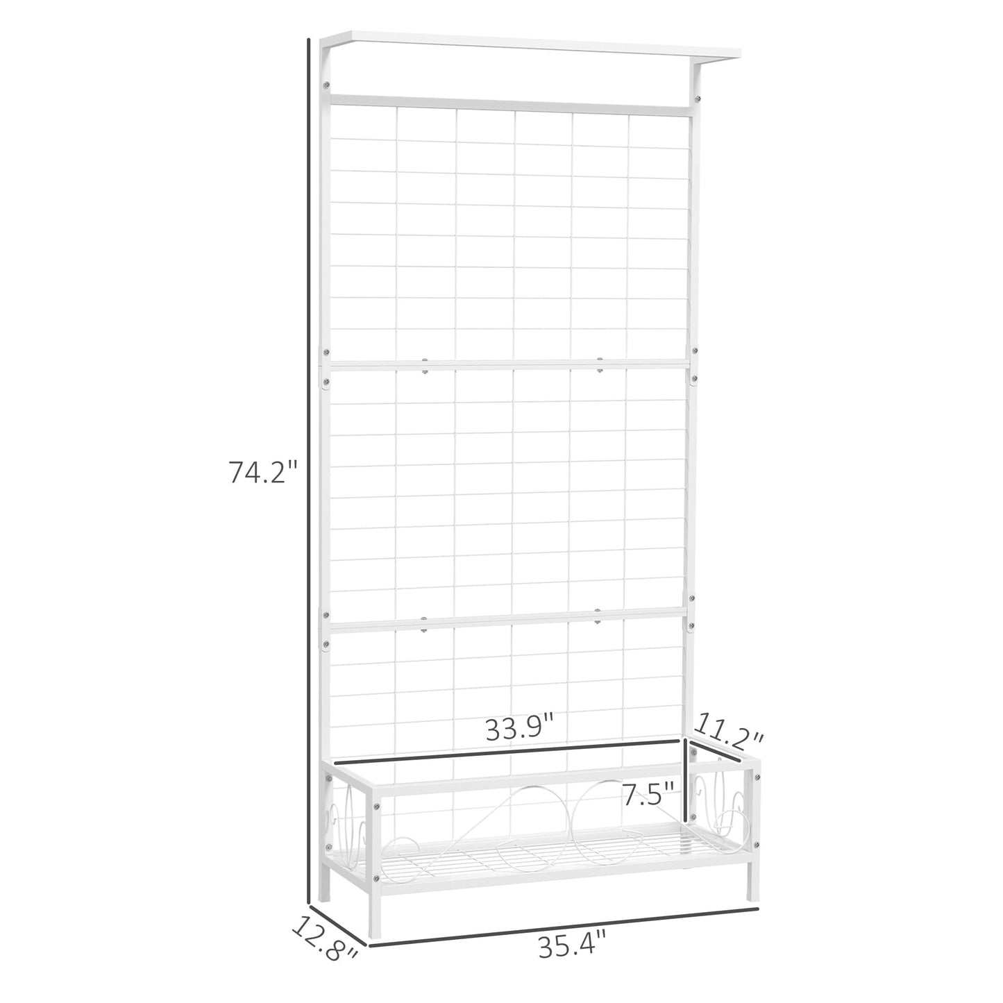 Outsunny Tall Plant Stand with Trellis and Hanging Bar, Metal Plant Holder Flower Stand for Vine Climbing Plants Flowers Indoor Outdoor Use, 36" x 12.8" x 74", White