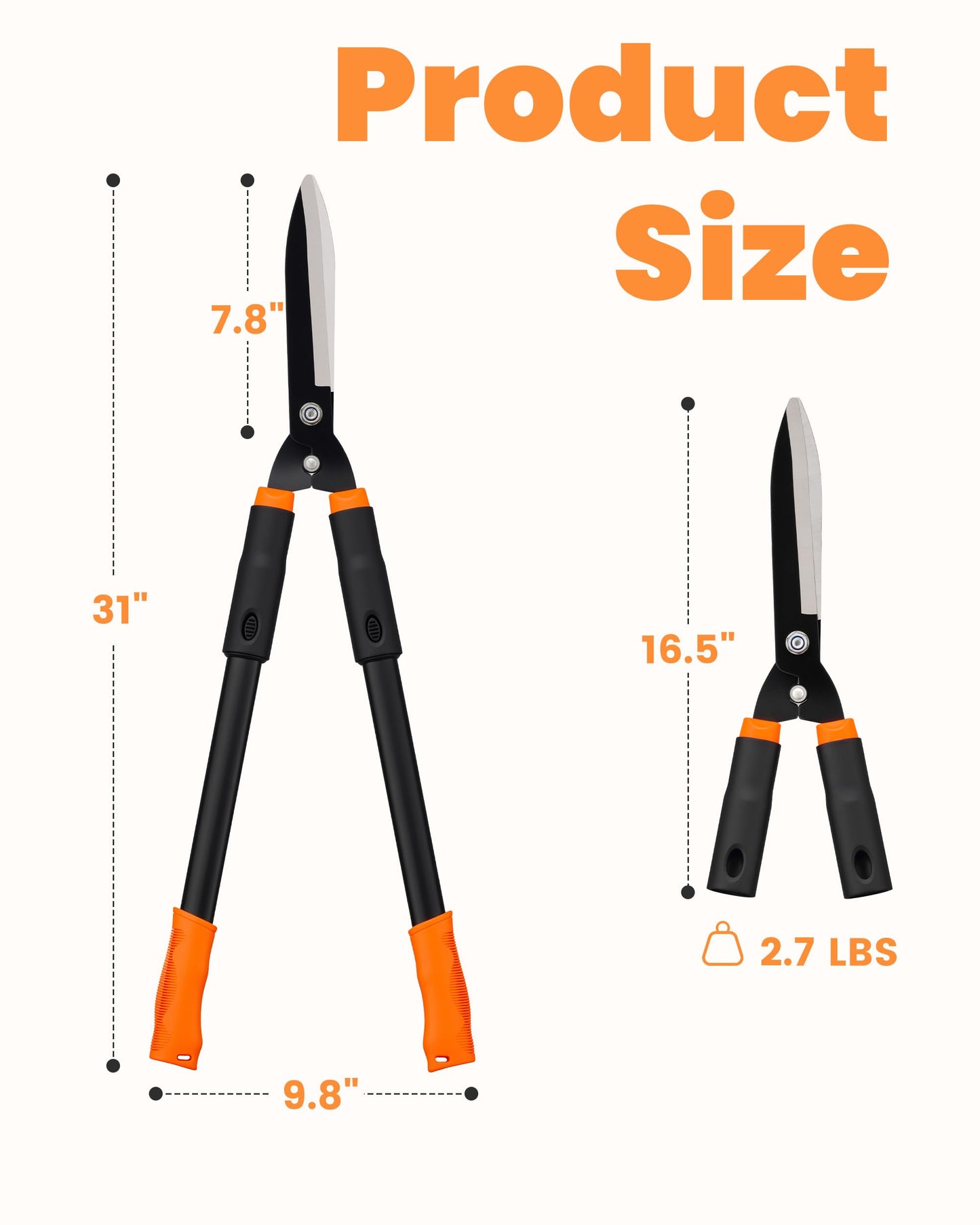 Hedge Shears, 31-Inch Garden Shears with Adjustable Handle, Sharp Blade & Comfortable Grip, Hedge Clippers for Hedges - Black/Orange