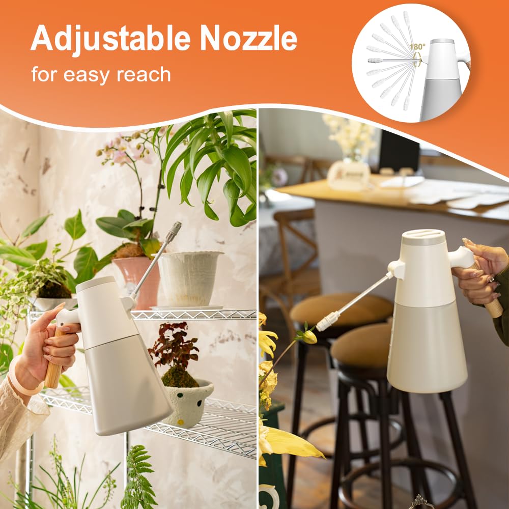 Electric Plant Mister with 180° Adjustable Long Nozzle, 2 Spray Modes, Battery Operated Garden Sprayer for Indoor Outdoor Plants – Minimalist White Design with Wood Grain Handle