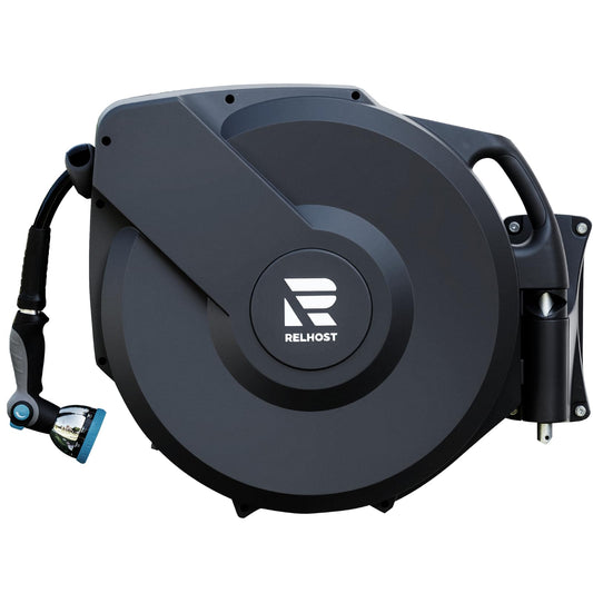 Relhost Retractable Garden Hose Reel, 1/2 in x 150 ft Wall Mount Heavy Duty Hose Reel with Any-Length Lock, Auto Rewind System, 180° Swivel Bracket, and 10-Pattern Nozzle for Garden, Dark Grey