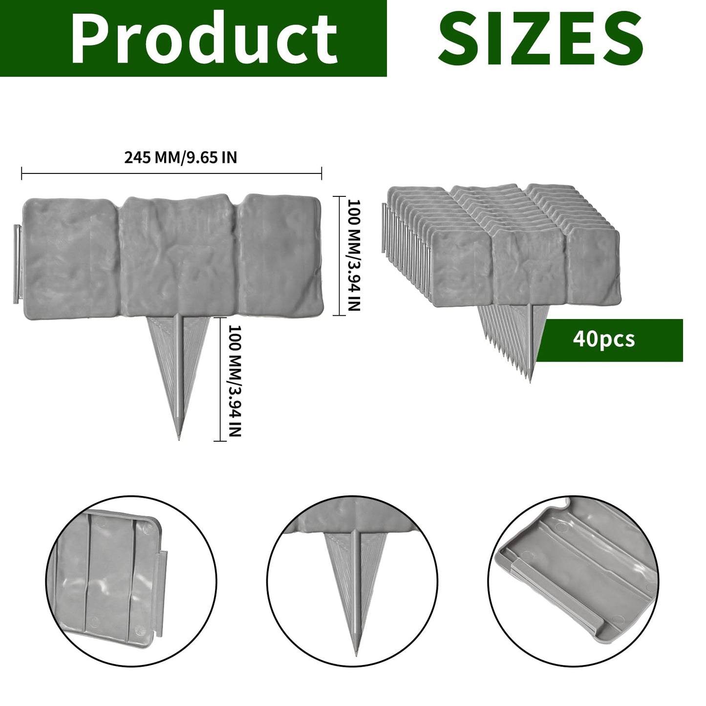 Garden Landscape Edging Borders No Dig,Lawn Edging for Landscaping,Interlocking Lawn Edging,Plastic Fencing Lawn Border,Imitation Stone Fence for DIY Outdoor Patio Balcony Yard Landscaping (40, Gray)