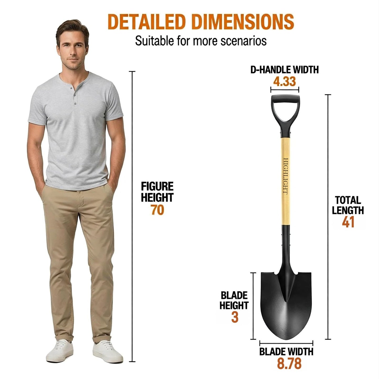 HIGHLIGHT Shovel for Digging,Round Shovel, Garden Tool with D-Handle, 41 Inches in Overall Length, Wooden Handel Garden Shovel for Beach, Car, Snow