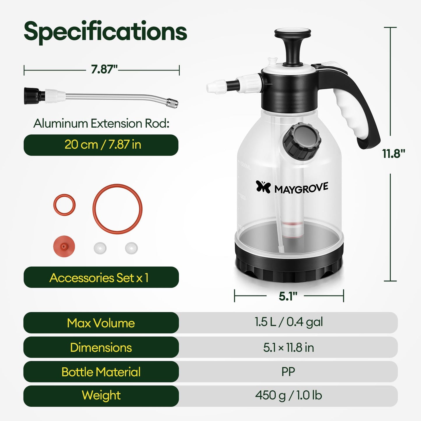 MAYGROVE 0.4 Gal Pump Sprayer, Hand Water Spray Bottle for Indoor Plant, Clear Plant Sprayer with Side Filling Port, Measuring Cup, Adjustable Nozzles, Safe Pressure Relief Valve