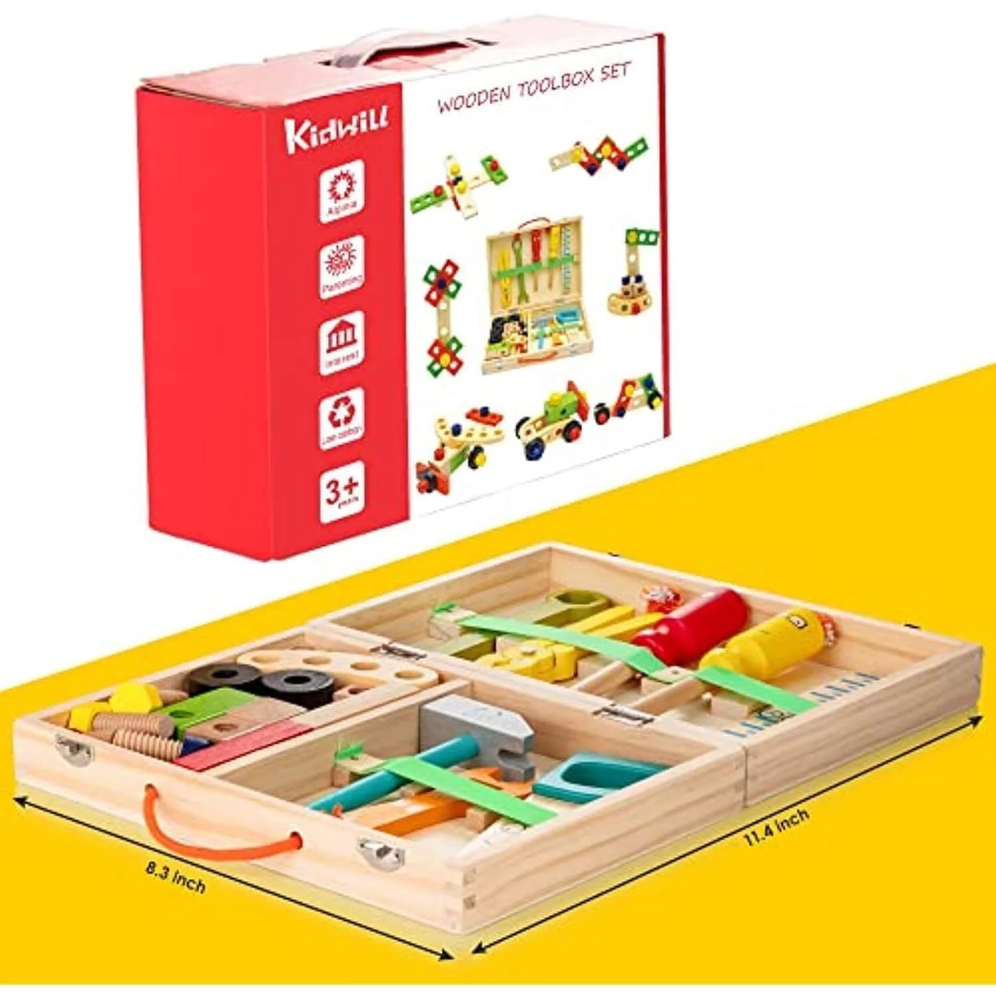 KIDWILL Tool Kit for Kids, 36-Piece Wooden Toddler Tools Set Includes Tool Box, Montessori Educational Stem Construction Toys for 2 3 4 5 6 Year Old Boys Girls, Best Birthday Gift for Kids