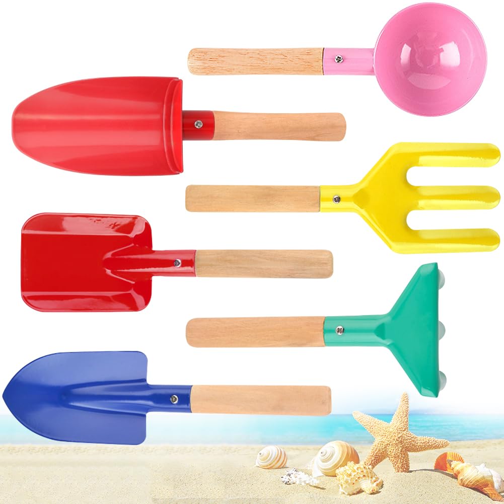 UMUACCAN Beach Toys for Kids,Beach Sand Toys, 8'' Metal Sandbox Toys with Sturdy Wooden Handle,Safe Beach Gardening Set,Spoon, Fork, Trowel, Rake & Shovel for Kids，Snow Shovel（6 pcs）