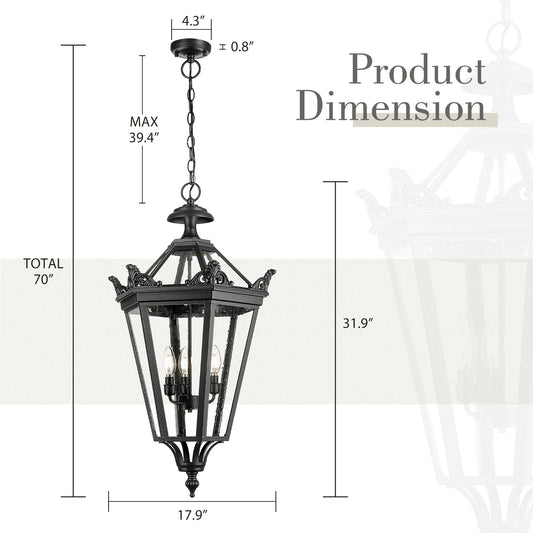Emliviar 32 Inch Outdoor Front Door Hanging Light, Farmhouse Exterior Pendant Lantern Waterproof Ceiling Mount with Seeded Glass, Black Finish, XE283H BK
