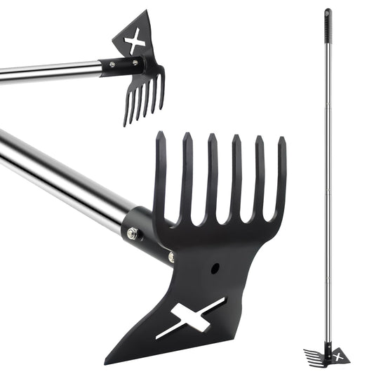2 in 1 Garden Hoe and Cultivator Weeding Rake 6 Tines, Manual Weed Puller Tool with Long Handle, 56" Heavy Duty Hand Weeder Remover Tools for Patio, Lawn, Garden, Flower Beds, Loosen Soil and Planting