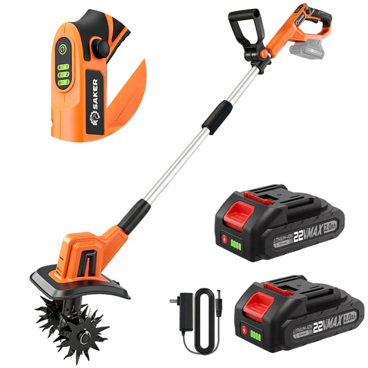 Saker 22V Cordless Electric Garden Tiller Cultivator, Rototiller for Gardening with 3 Adjustable Speed, 9-Inch Tilling Width, 6.3-Inch Depth for Soil Preparation, Weeding, and Gardening SK-TC18A