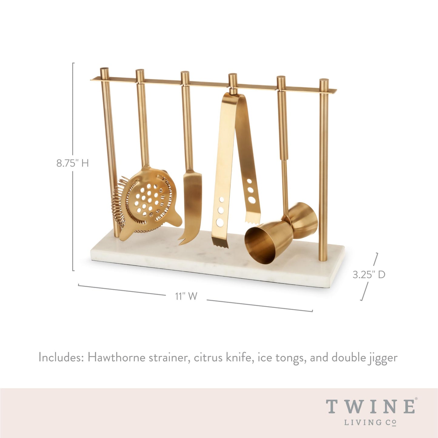 Twine Bar Tool Set Includes Hawthorne Strainer, Citrus Knife, Ice Tongs, Double Jigger with Marble Display Stand for Classic Cocktails and Cold Brew Drinks, Home Bar Cart Accessories, 4-Piece, Gold