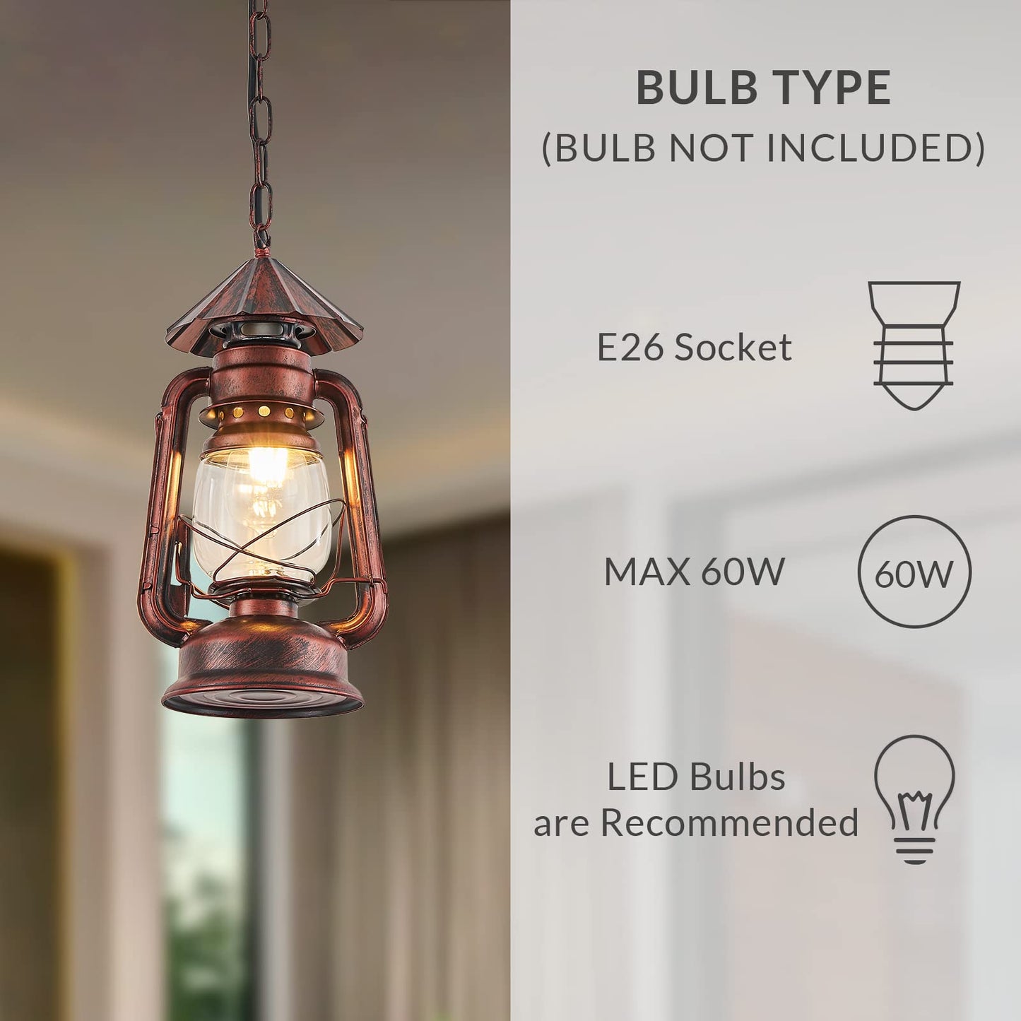 NOXARTE Vintage Pendant Light Lantern Ceiling Light Fixture with Glass Shade Adjustable Chain for Kitchen Island Farmhouse Loft Porch Width 7 Inch x Height 15 Inch