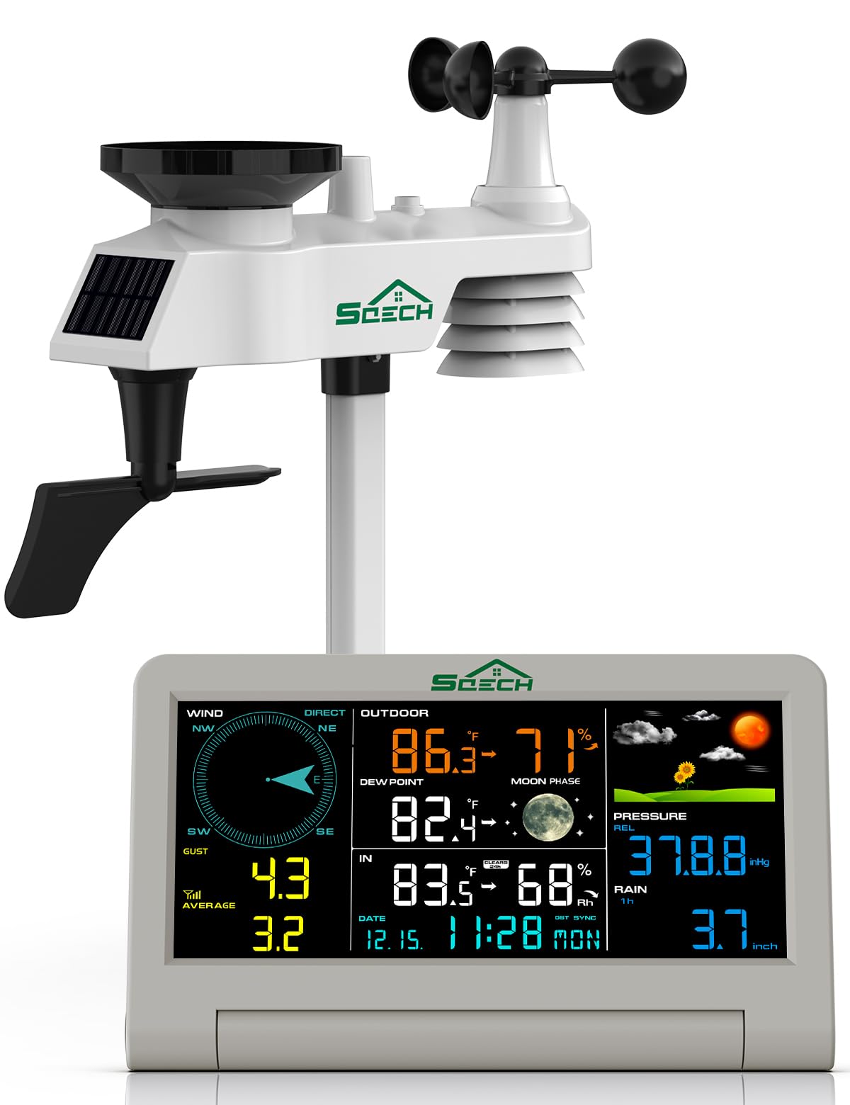SQECH Weather Station,Weather Stations Wireless Indoor Outdoor with 7-in-1 Outdoor Sensor,Home Weather Station with Weather Forecast,Temp&Humidity,Rain Gauge,Wind,Moon Phase,Calendar,Alarm Clock