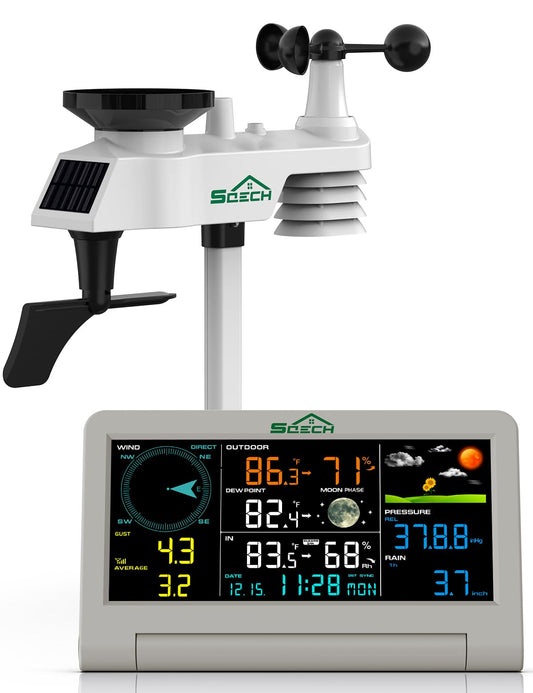 SQECH Weather Station,Weather Stations Wireless Indoor Outdoor with 7-in-1 Outdoor Sensor,Home Weather Station with Weather Forecast,Temp&Humidity,Rain Gauge,Wind,Moon Phase,Calendar,Alarm Clock