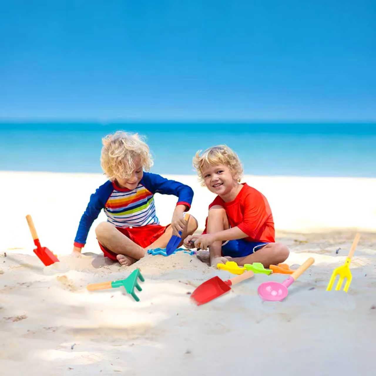 UMUACCAN Beach Toys for Kids,Beach Sand Toys, 8'' Metal Sandbox Toys with Sturdy Wooden Handle,Safe Beach Gardening Set,Spoon, Fork, Trowel, Rake & Shovel for Kids，Snow Shovel（6 pcs）