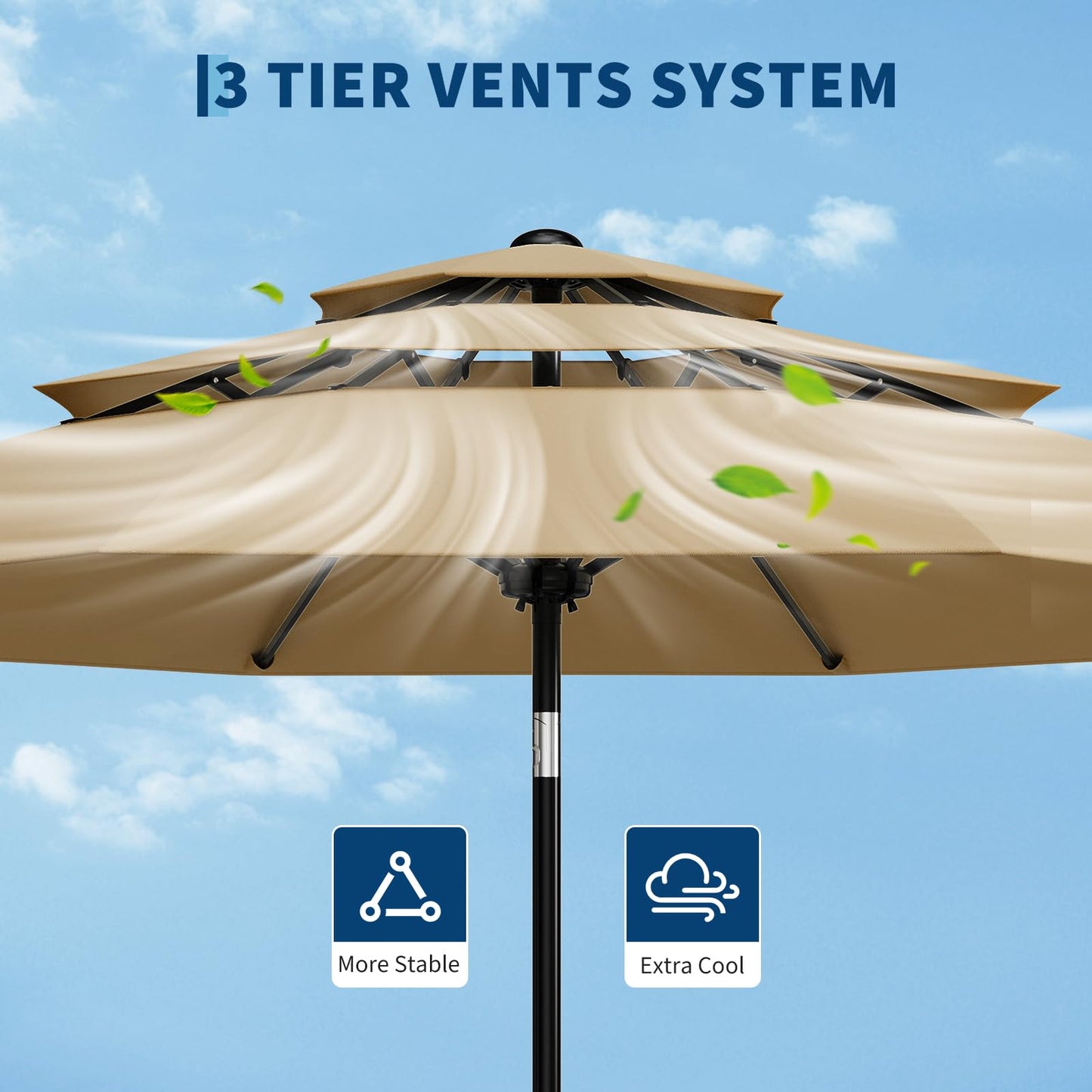 Garvee 10Ft 3-Tier Patio Umbrella, Outdoor Table Umbrella with Vents, Easy Crank and Push Button Tilt, Market Umbrella with 8 Sturdy Ribs for Pool, Deck, Yard, Garden -Tan
