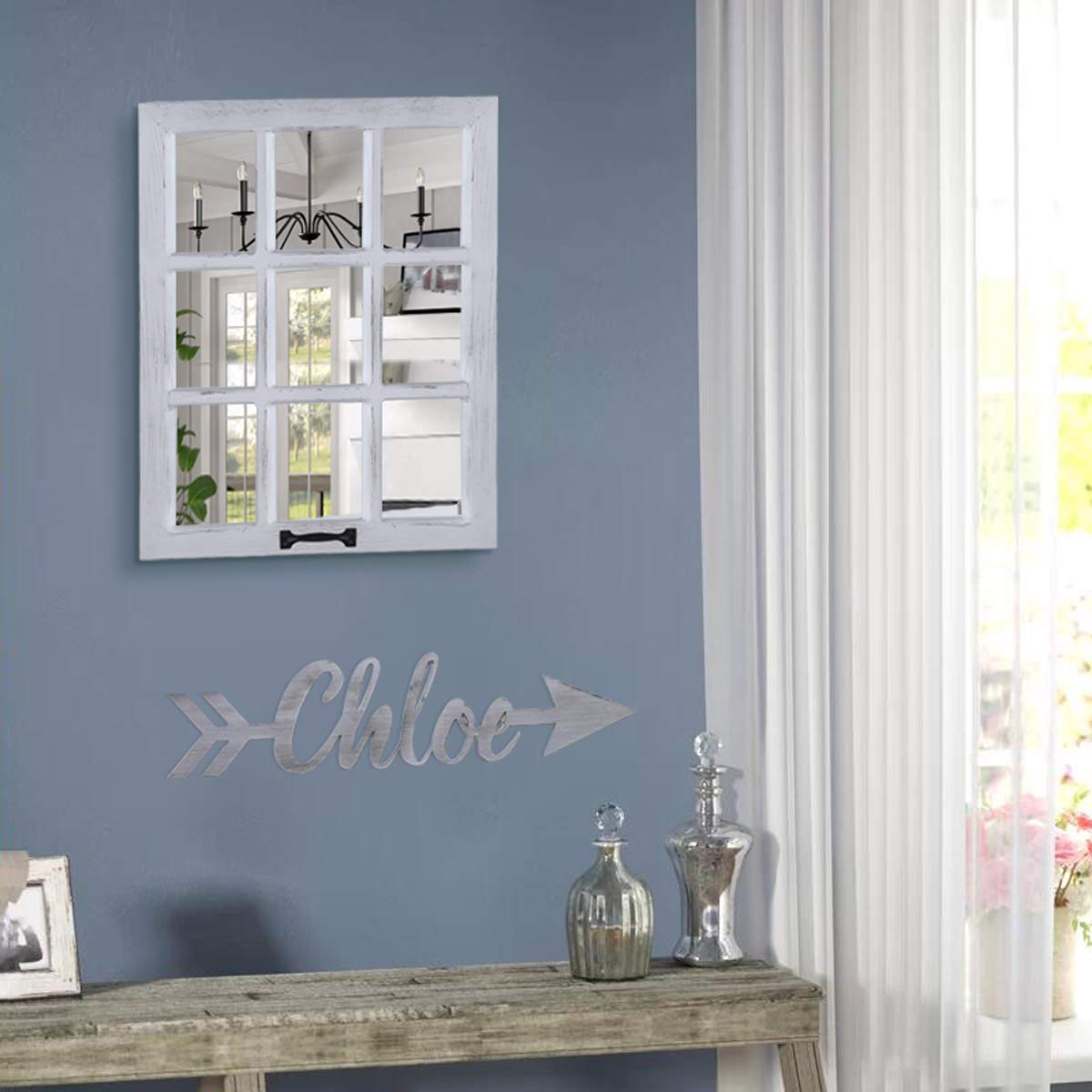 LOSOUR Decorative Wall Mirror-Distressed Wood Windowpane Mirror- Farmhouse Mirrors for Wall with Hanging Hardware for Bedroom Living Room Bathroom Kitchen (１, 18Wx23L)