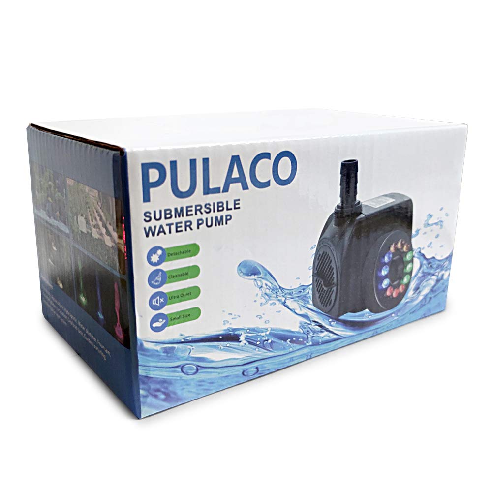 PULACO 160GPH Small Fountain Pump, 10Watt Submersible Pump with Automatic Color Changing LED Light and 3.3 ft Tubing for Water Feature, Outdoor Pond, Aquarium fish tanks