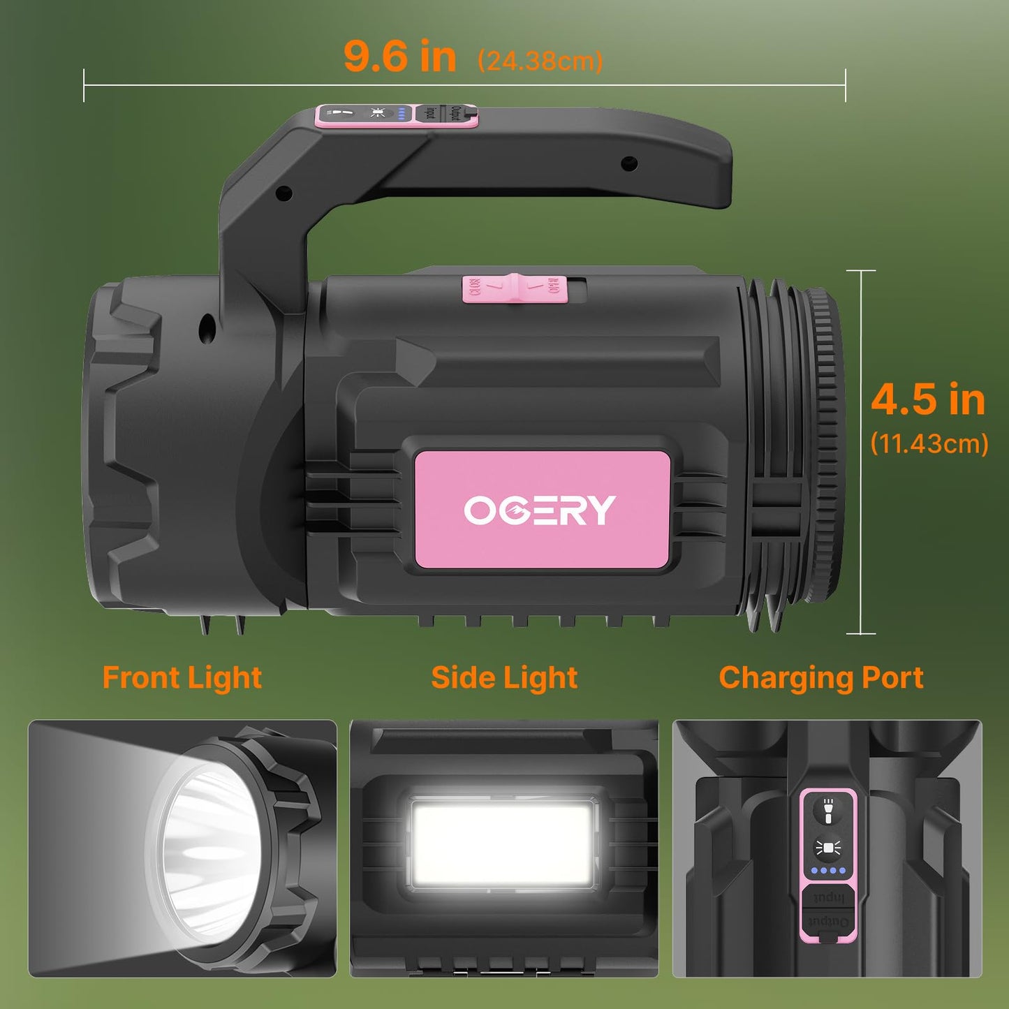 OGERY Rechargeable Flashlight, Multi-Tool Camping Lantern with 983LM, 9000 mAh Portable LED Camping Spotlight for Camping Emergency, Outdoor Hiking, Pink/Black