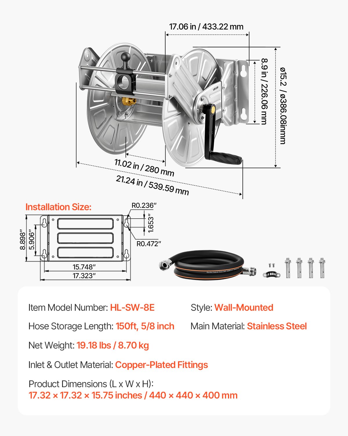 VEVOR Stainless Steel Wall Mounted Garden Hose Reel Heavy Duty, Holds 150 ft 5/8-inch Water Hose Winder, Outdoor Manual Reel with Brass Fitting & 5ft Leader Hose, Space Saving, for Yard Lawn Garage